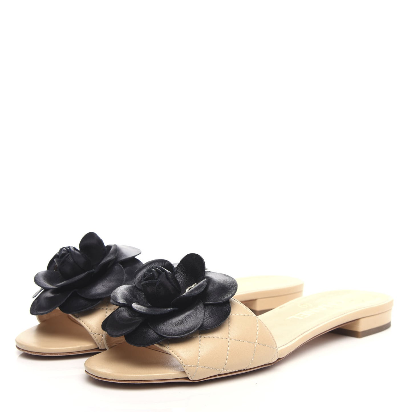 Lambskin Quilted Camellia CC Slides 37.5 Beige