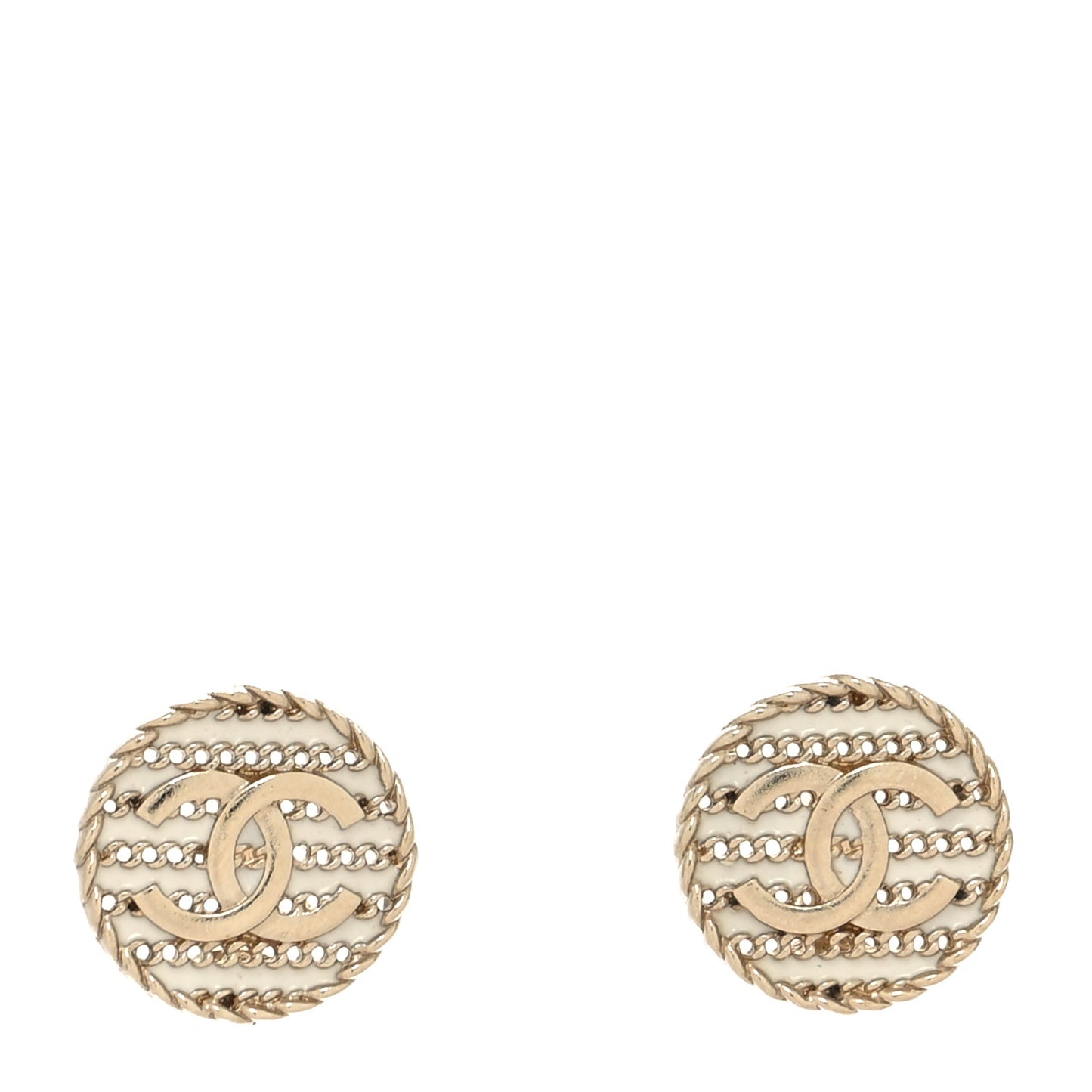 Chain CC Round Earrings Gold White