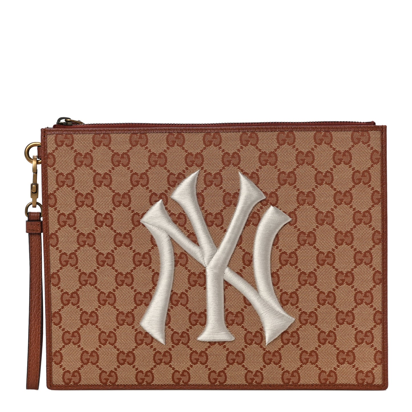 X MLB GG Monogram NY Yankees Zip Wristlet Pouch Beige Ruggine Ivory