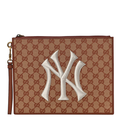Gucci X MLB GG Monogram NY Yankees Zip Wristlet Pouch Beige Ruggine Ivory 1 of 11