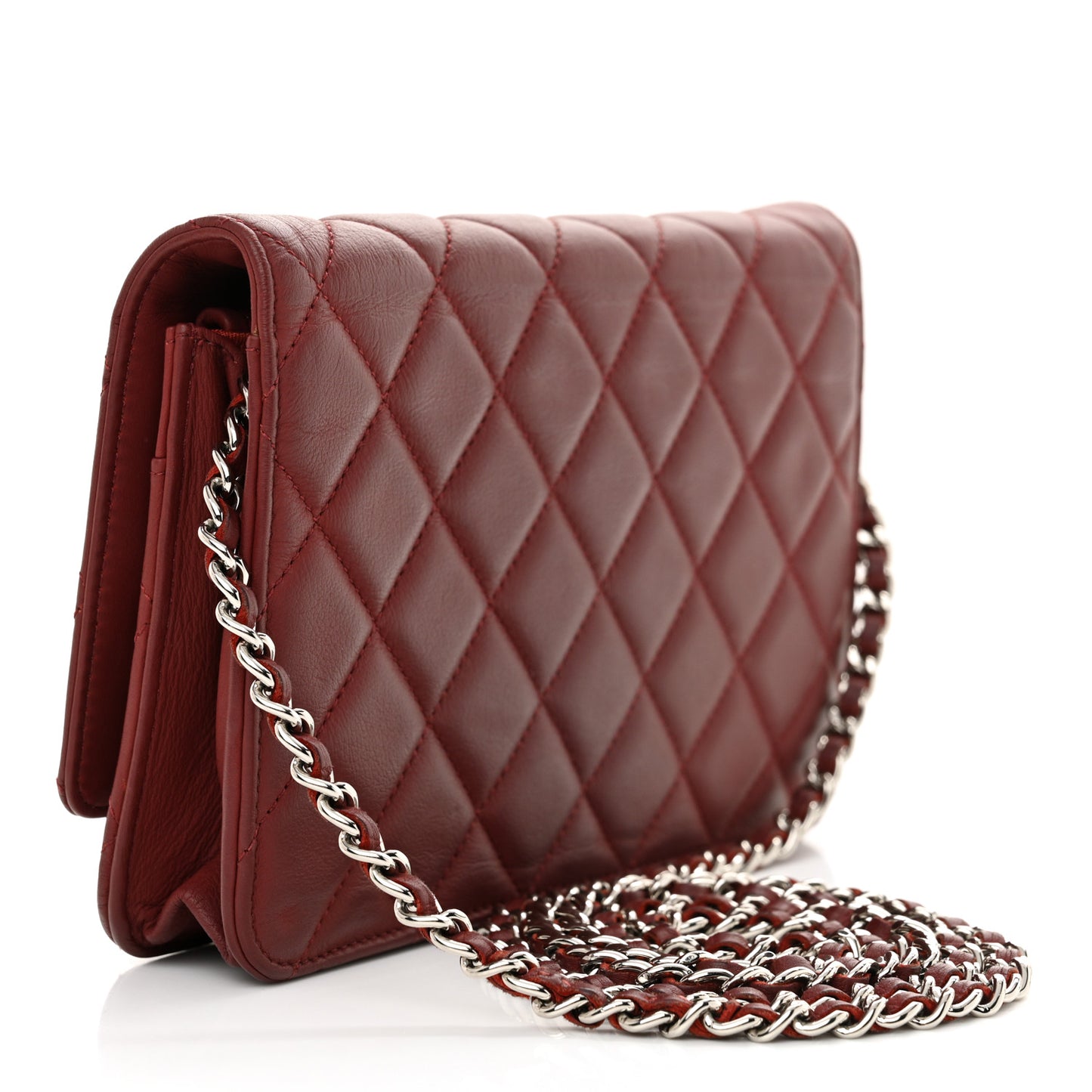 Aged Calfskin Quilted Wallet On Chain WOC Burgundy