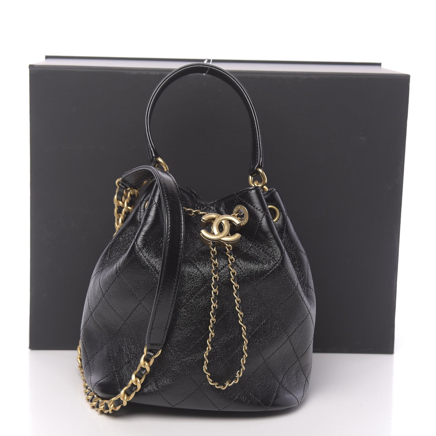 Shiny Lambskin Quilted Drawstring Bag Black