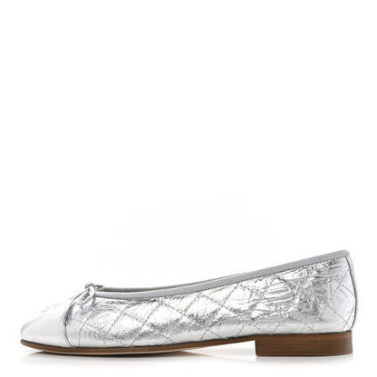 Chanel Metallic Aged Calfskin Quilted Cap Toe Ballerina Flats 37 Silver 1 of 9
