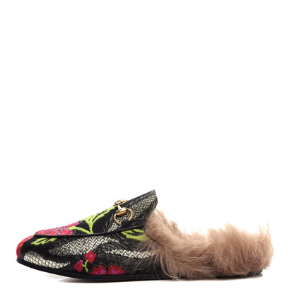 Gucci Brocade Fur Floral Womens Princetown Slippers 36 Black Anthracite 1 of 10