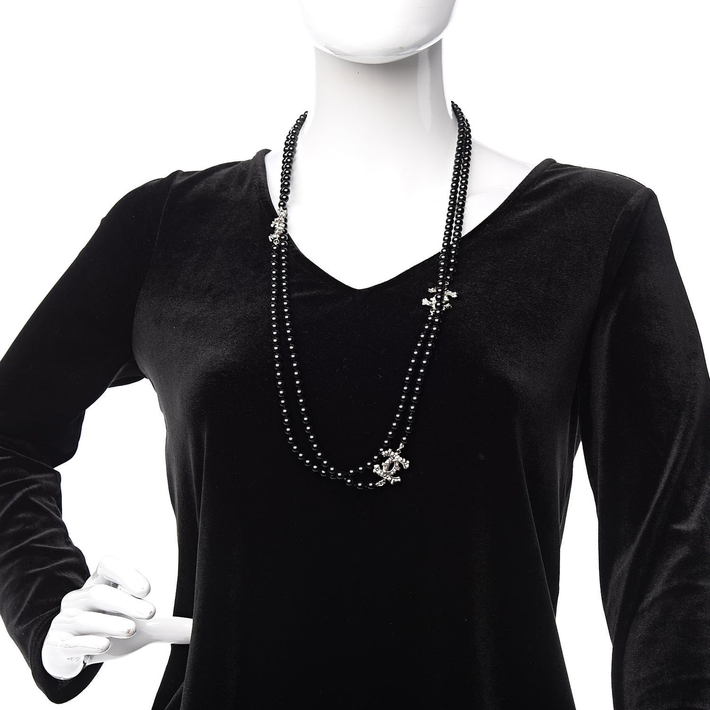 Ruthenium Crystal Baguette Pearl Beaded CC Long Necklace Black