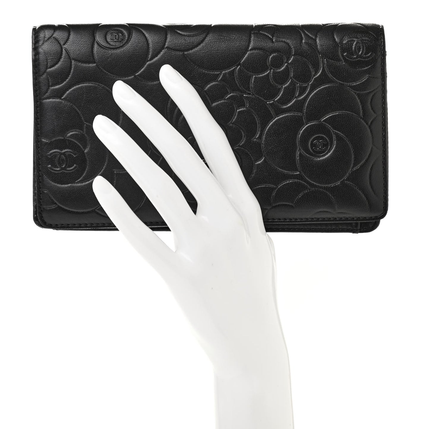 Lambskin Camellia Embossed Yen Wallet Black