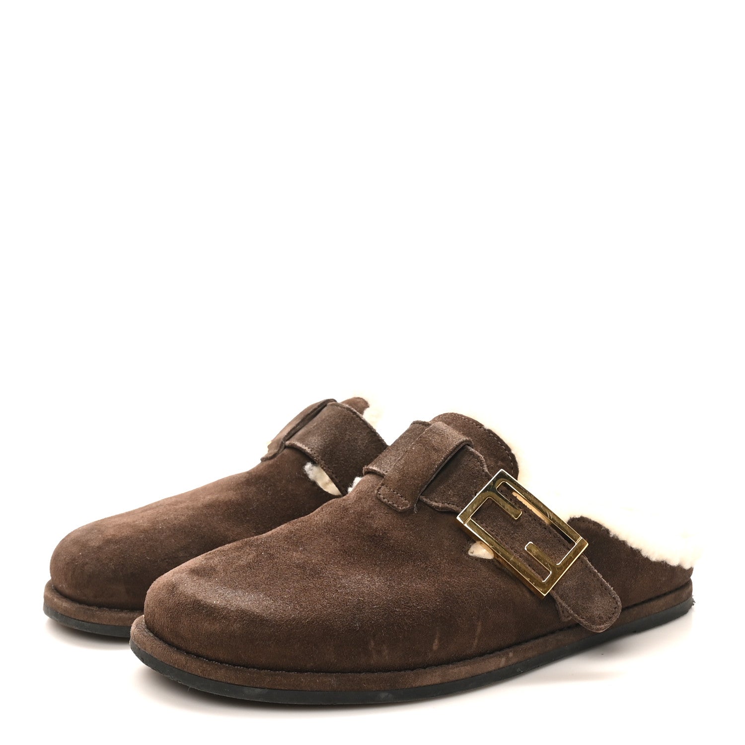 FENDI ダークブラウンレザー ミュール 36 Fendi Suede Shearling Fendi Feel Buckled Clogs 36 Mogano Latte
