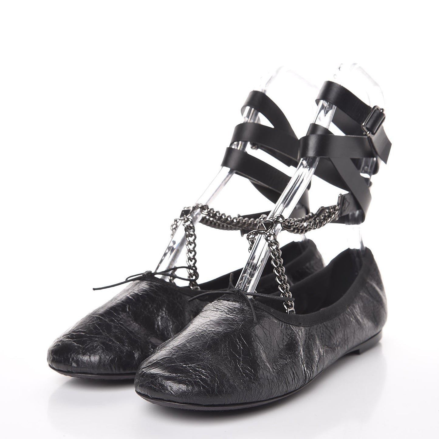 Crackled Calfskin Rockstud Chain Ankle Ballerina Flats 39 Black