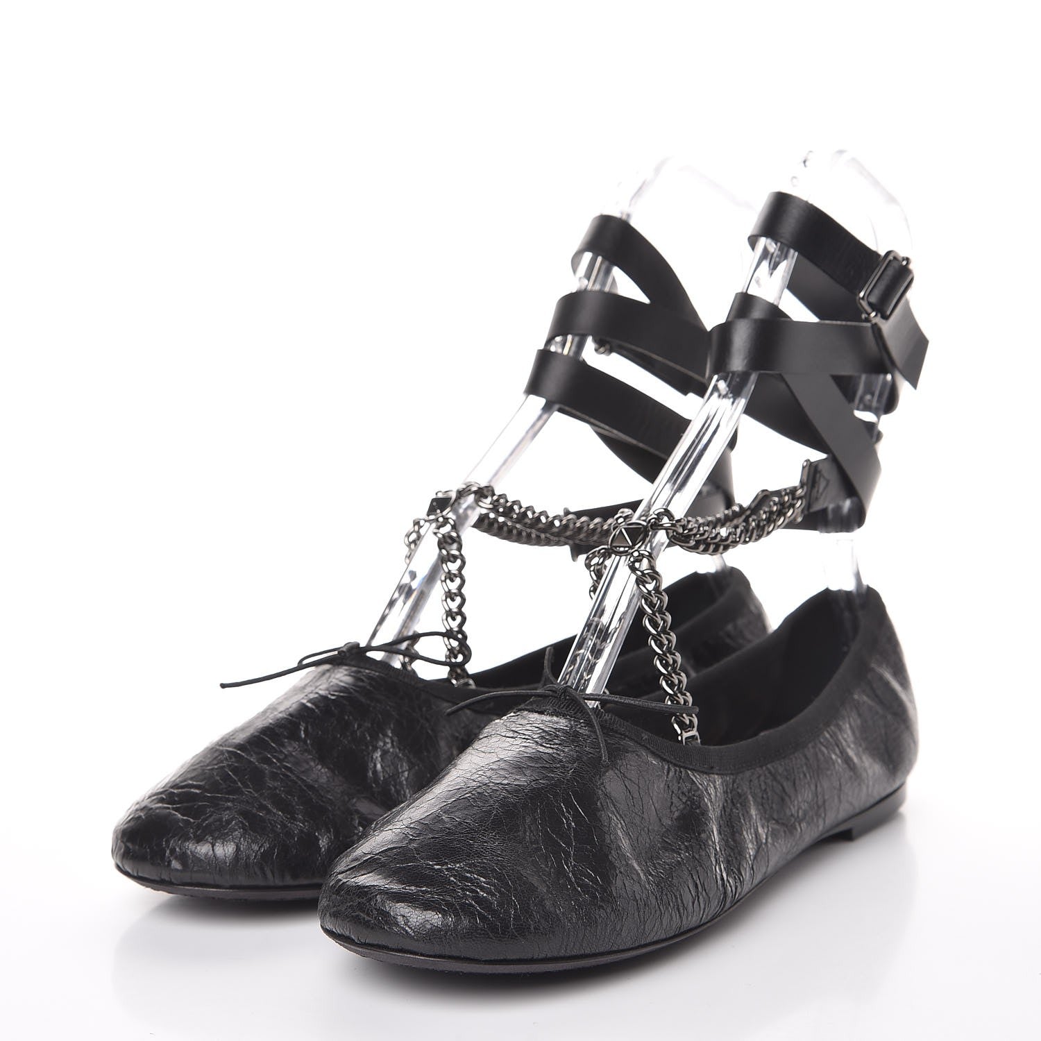 Valentino Garavani Crackled Calfskin Rockstud Chain Ankle Ballerina Flats 39 Black 3 of 14