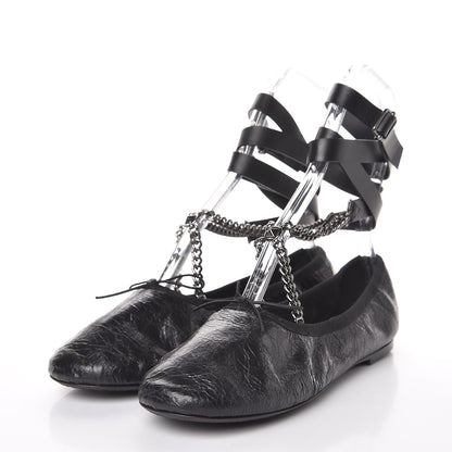 Valentino Garavani Crackled Calfskin Rockstud Chain Ankle Ballerina Flats 39 Black 3 of 14