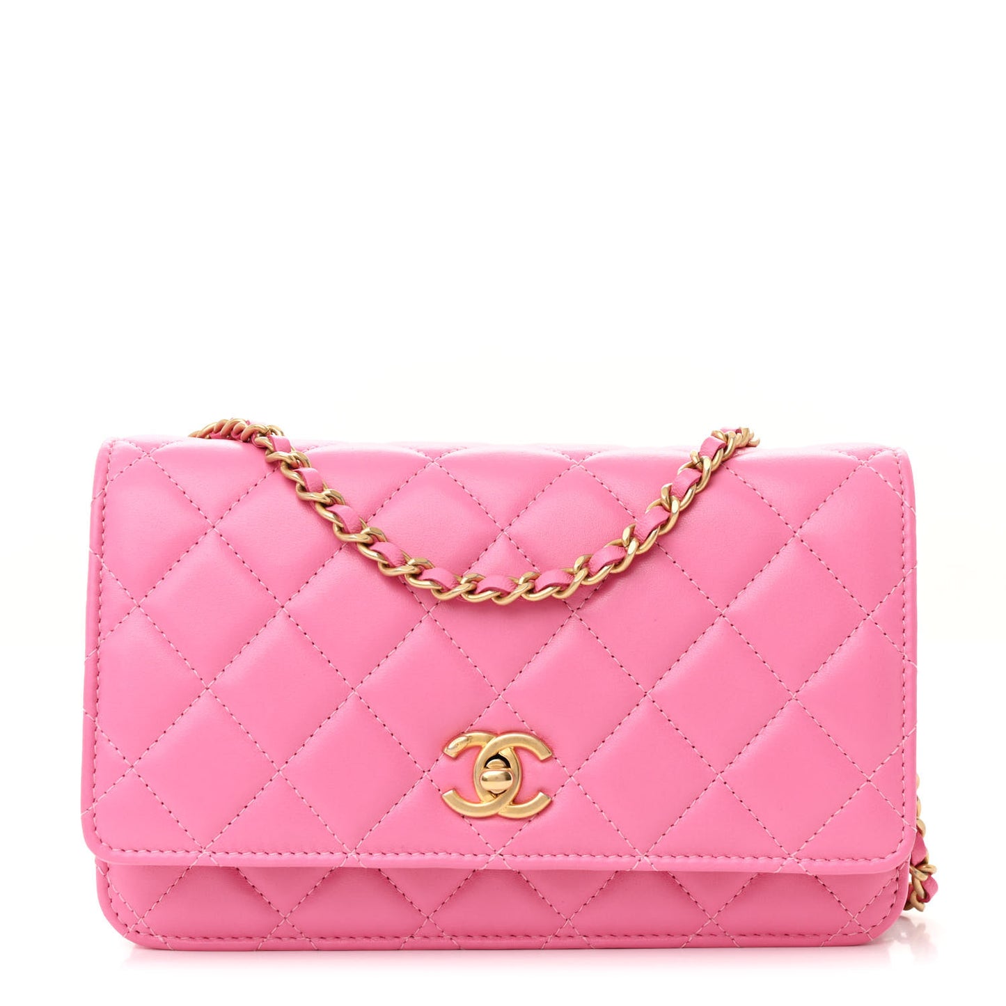 Lambskin Quilted CC Pearl Crush Wallet on Chain WOC Pink
