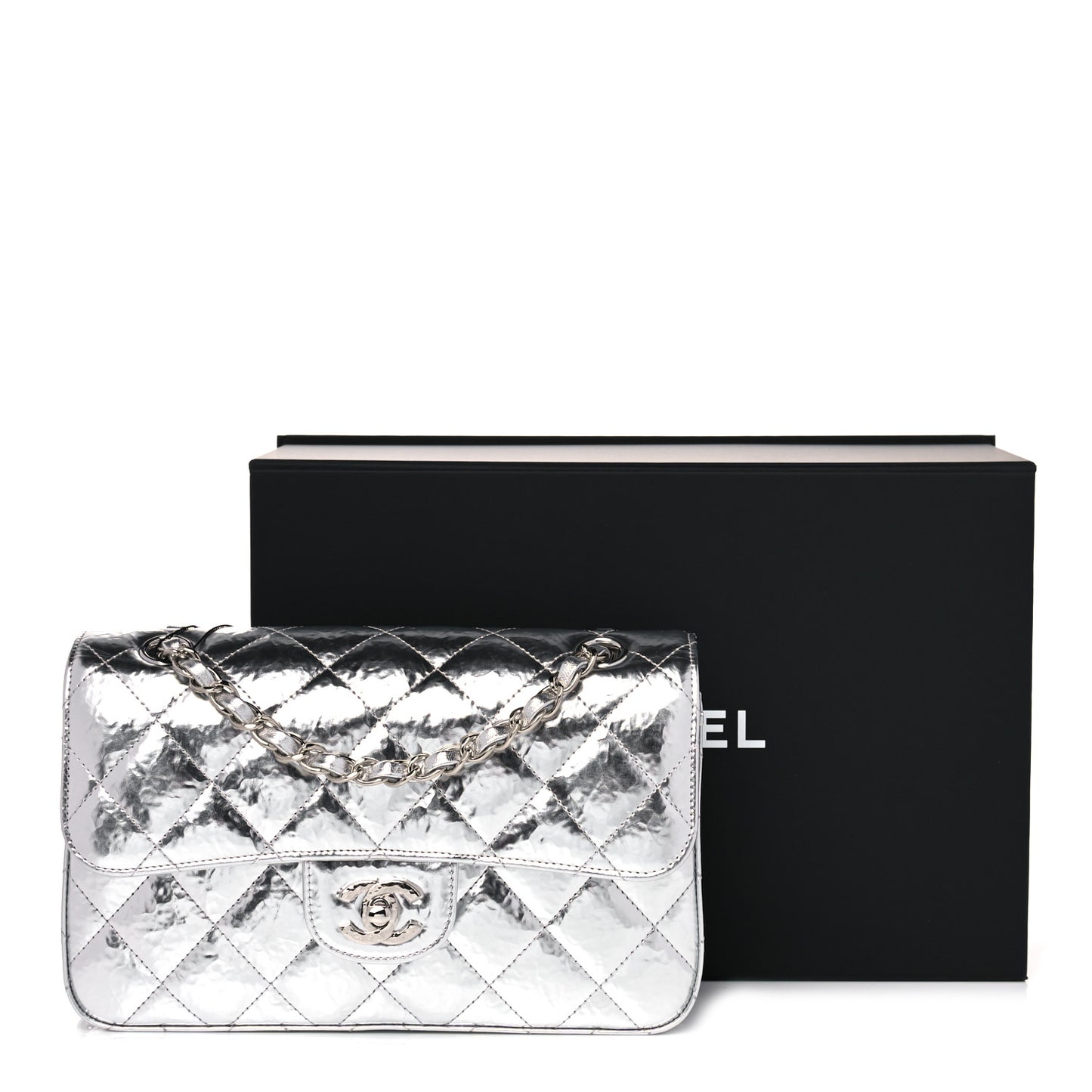Hammered Metallic Calfskin Quilted Small Double Flap Silver