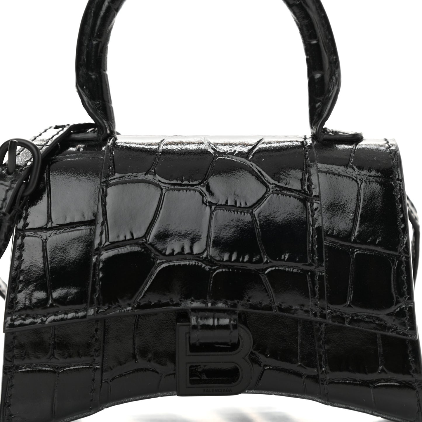 Shiny Calfskin Monochrome Crocodile Embossed Hourglass Top Handle Bag Mini Black