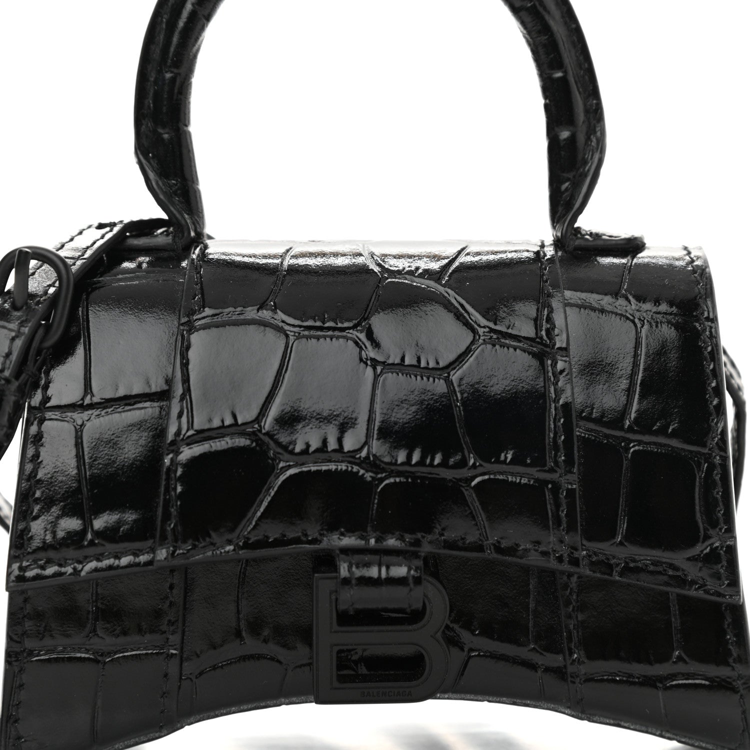 Balenciaga Shiny Calfskin Monochrome Crocodile Embossed Hourglass Top Handle Bag Mini Black 6 of 9