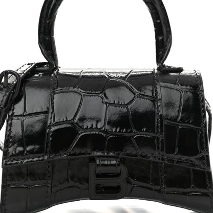 Balenciaga Shiny Calfskin Monochrome Crocodile Embossed Hourglass Top Handle Bag Mini Black 6 of 9