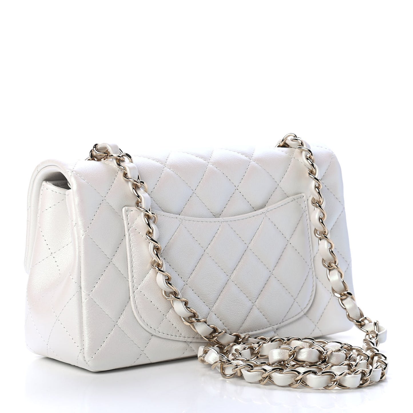 Iridescent Calfskin Quilted Mini Rectangular Flap White