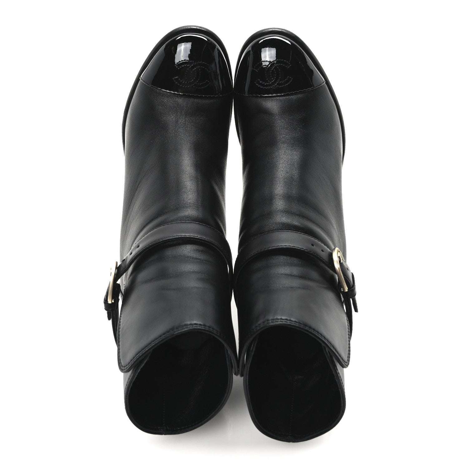 Chanel Calfskin Patent Cap Toe Interlocking CC Ankle Boots 39 Black 2 of 10