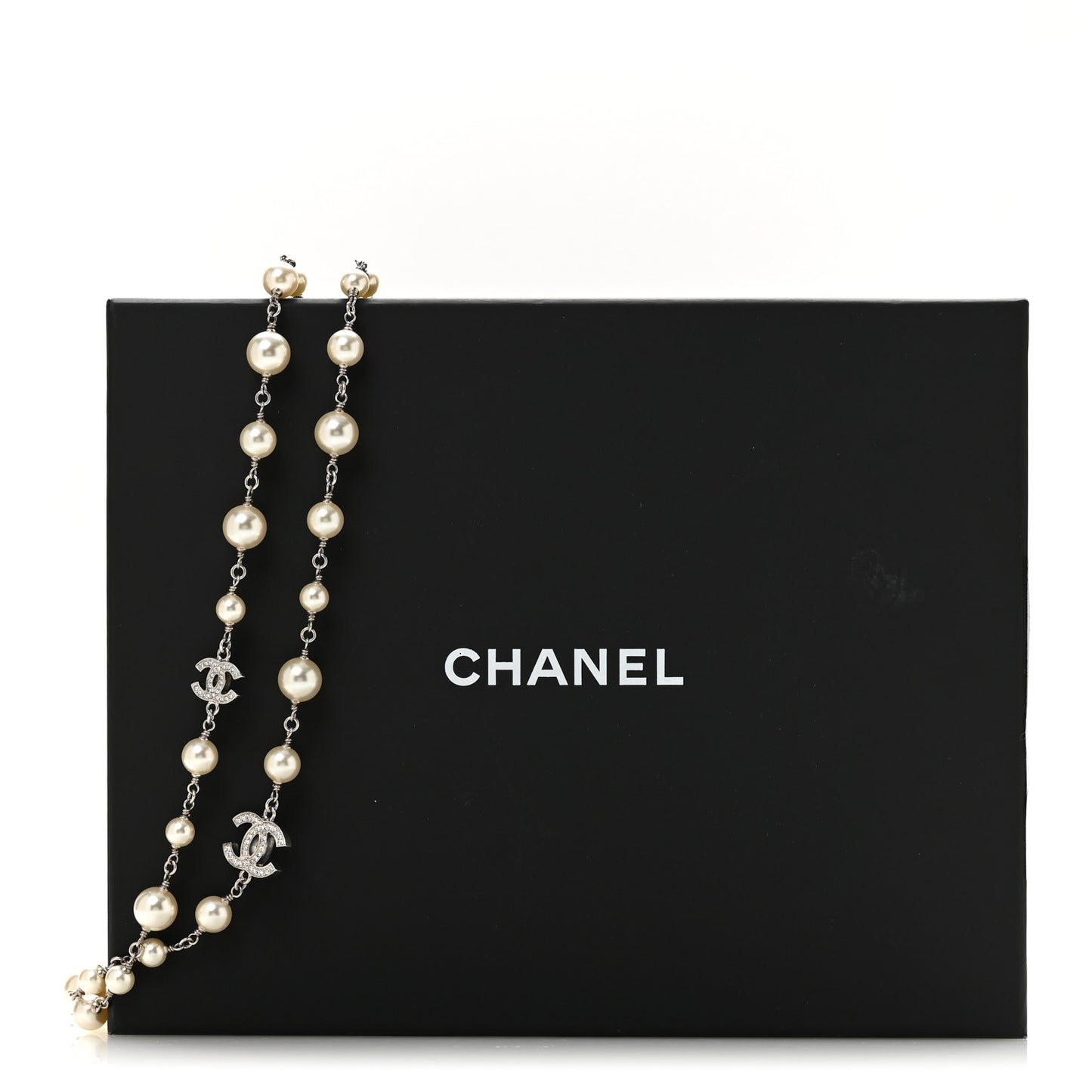 Graduated Pearl Crystal CC Long Necklace Silver