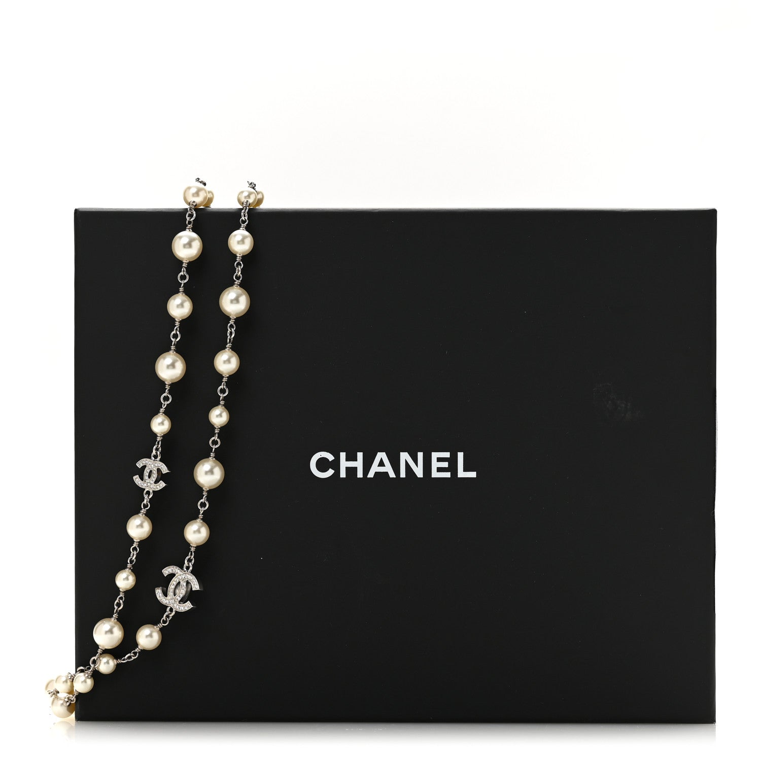 Chanel Graduated Pearl Crystal CC Long Necklace Silver 6 of 6