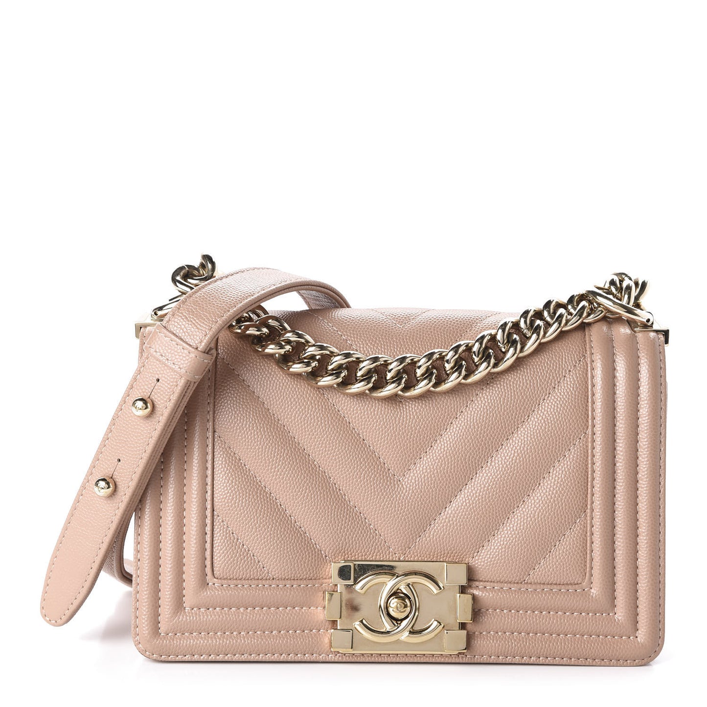 Caviar Chevron Quilted Small Boy Flap Dark Beige