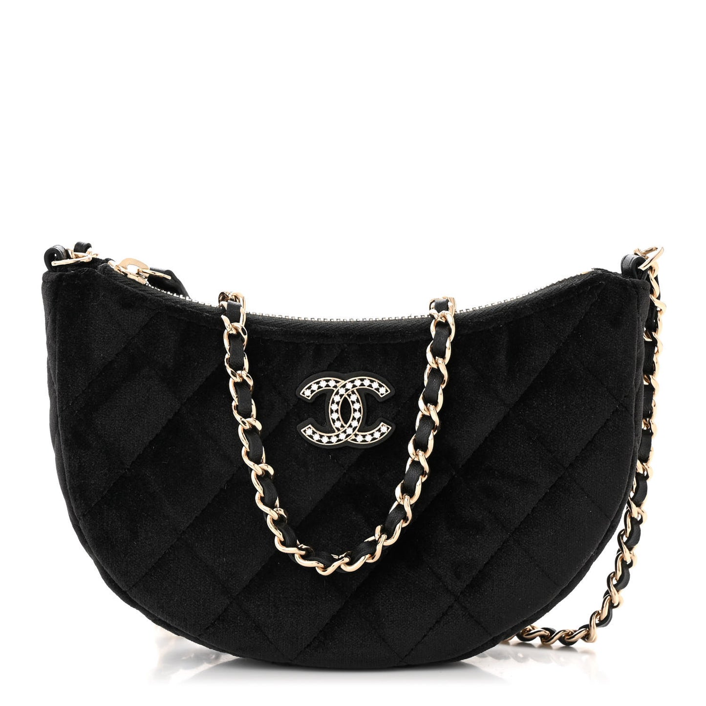 Velvet Crystal Quilted Chain Hobo Black