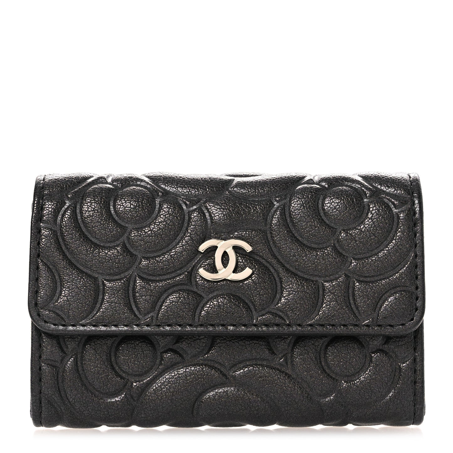 Goatskin Camellia Embossed Flap Card Holder Wallet Grey