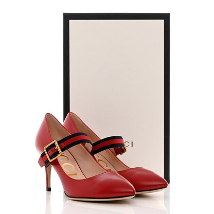 Gucci Malaga Kid Sylvie Web Mid Heel Pumps 37.5 Hibiscus Red 13 of 13