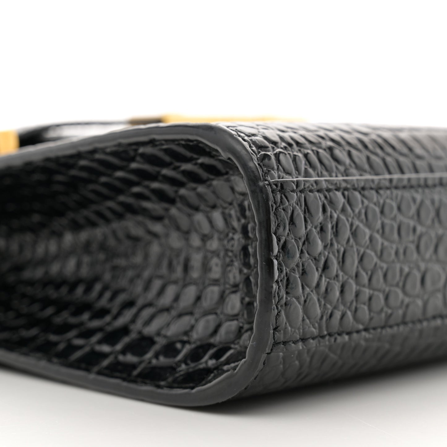 Shiny Calfskin Crocodile Embossed Small Manhattan Baguette Black