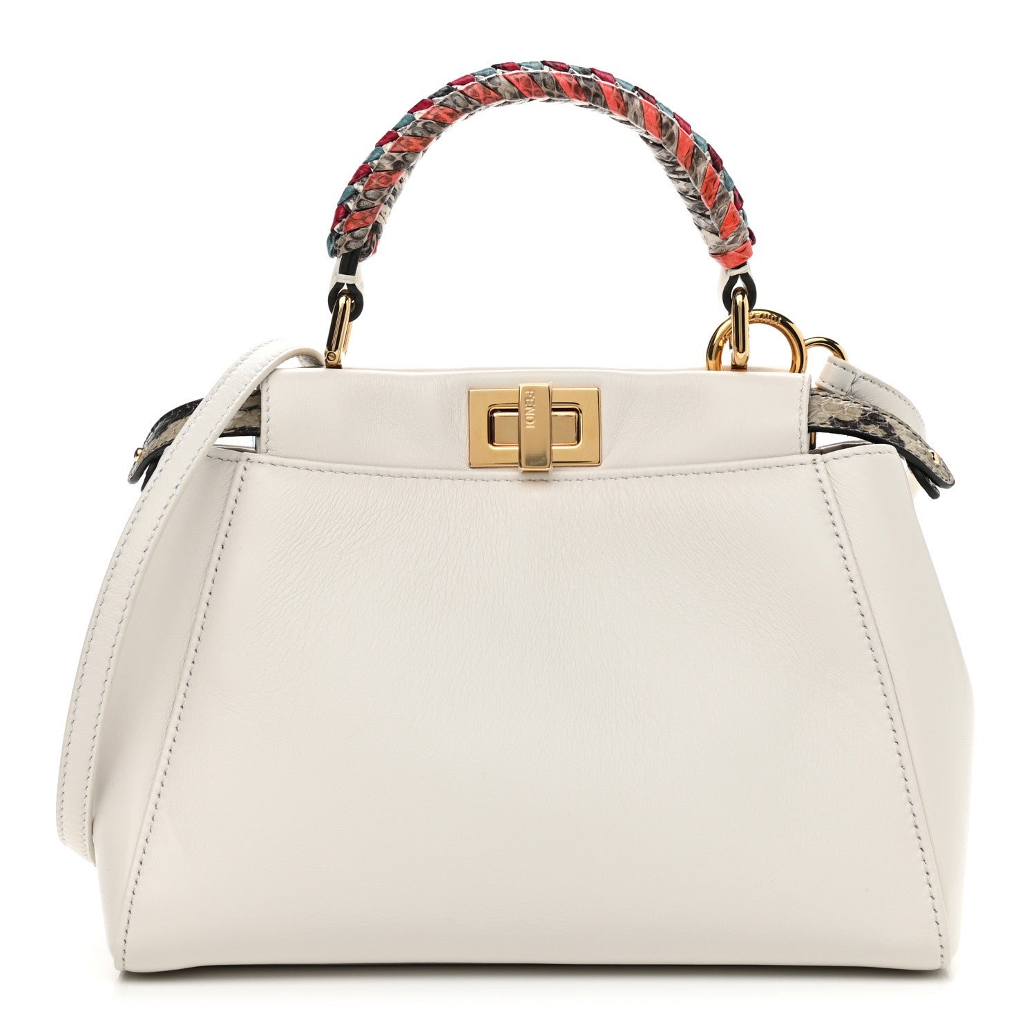 Fendi Nappa Elaphe Woven Handle Mini Peekaboo Iconic Satchel White Grigio Polvere 1 of 11
