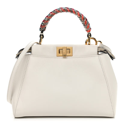 Fendi Nappa Elaphe Woven Handle Mini Peekaboo Iconic Satchel White Grigio Polvere 1 of 11