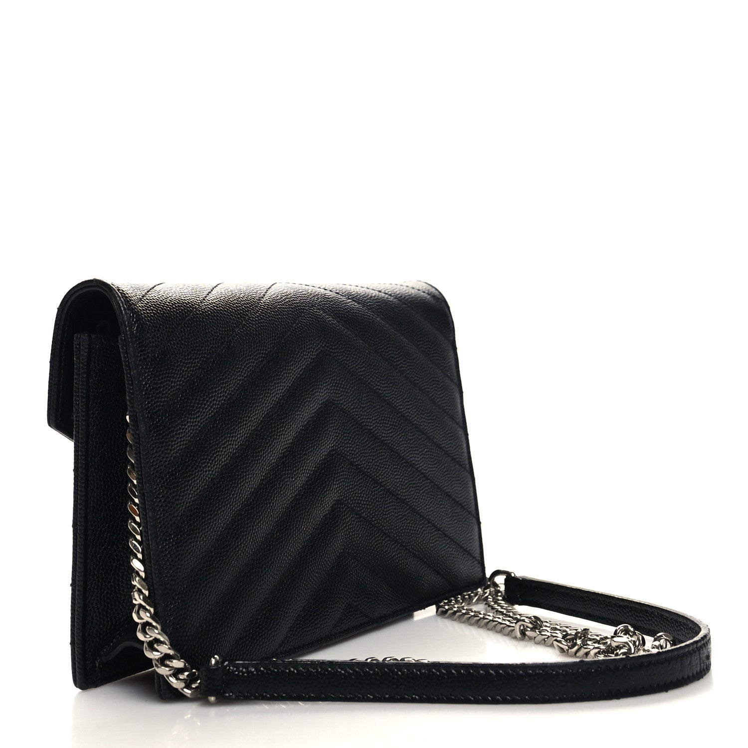 Saint Laurent Grain De Poudre Matelasse Chevron Monogram Envelope Chain Wallet Black 3 of 11
