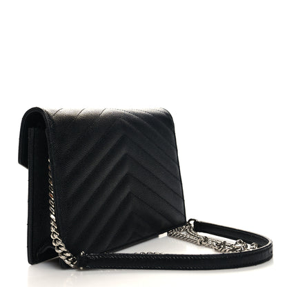 Saint Laurent Grain De Poudre Matelasse Chevron Monogram Envelope Chain Wallet Black 3 of 11