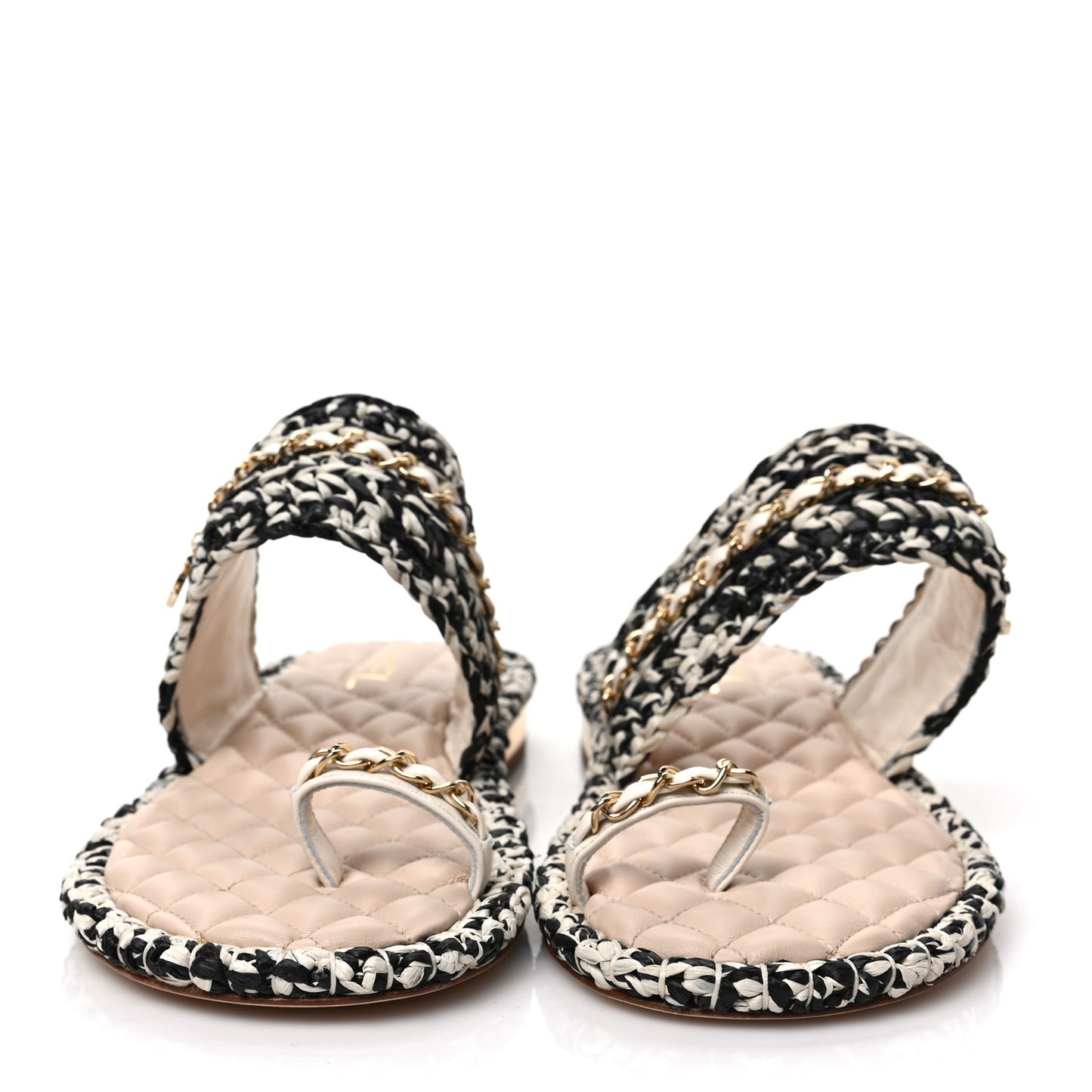 Raffia Lambskin Woven Chain CC Toe Ring Sandals 41 Black Beige