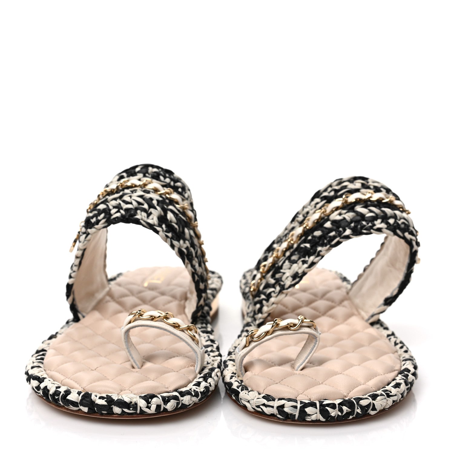 Chanel Raffia Lambskin Woven Chain CC Toe Ring Sandals 41 Black Beige 2 of 7