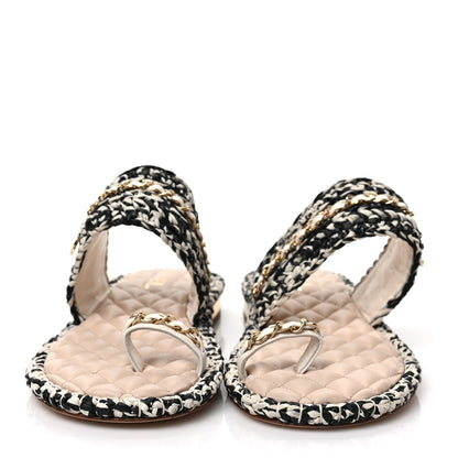 Chanel Raffia Lambskin Woven Chain CC Toe Ring Sandals 41 Black Beige 2 of 7