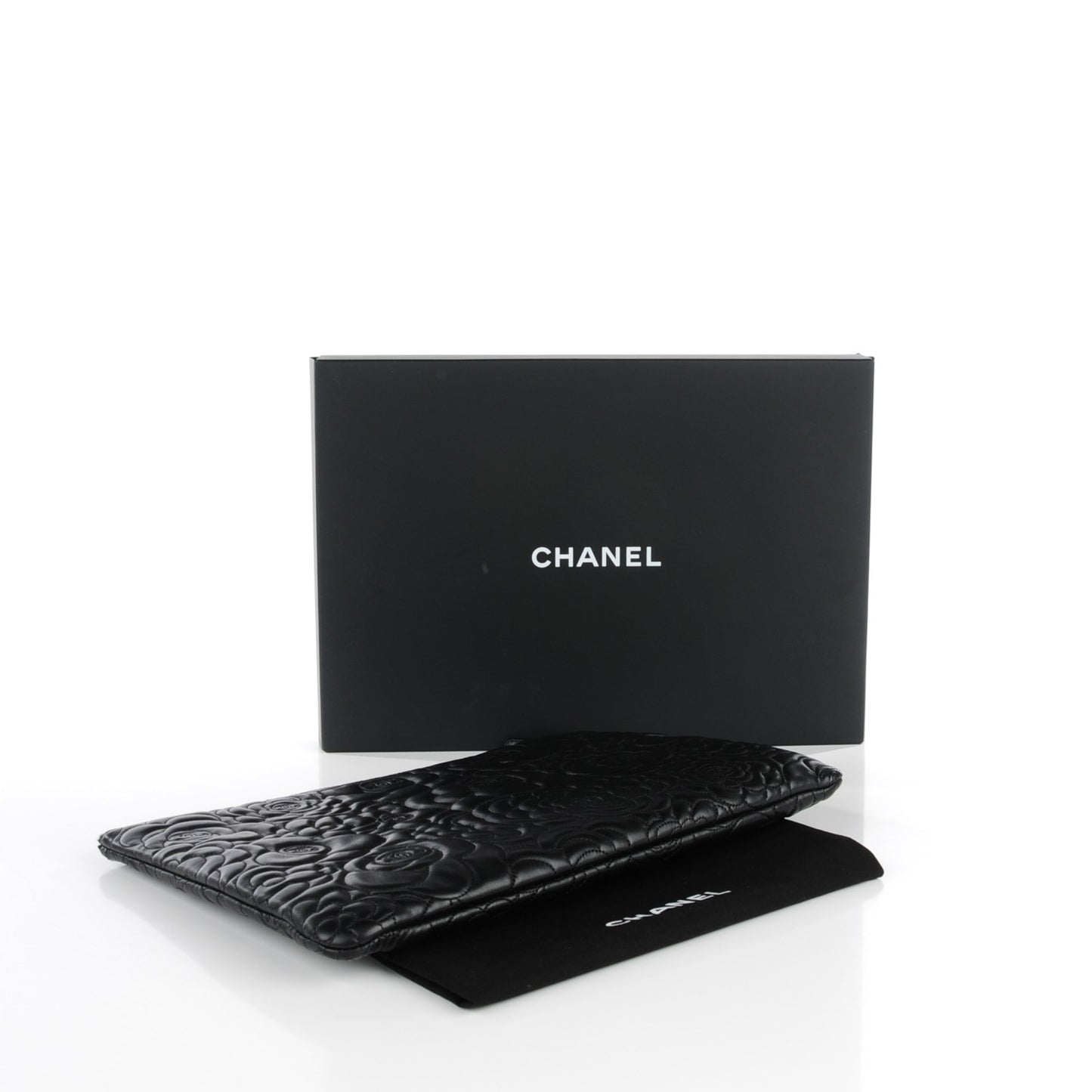 Lambskin Camellia Embossed Large Cosmetic Case Black