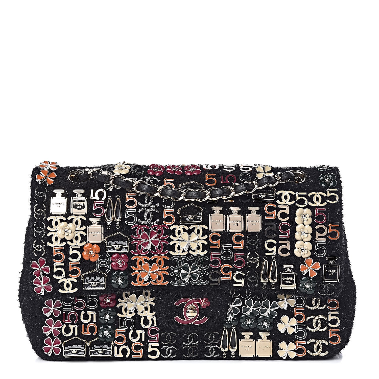 Chanel Tweed Lambskin Charms Embroidered Medium Double Flap Black 1 of 19