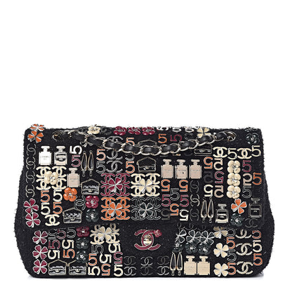Chanel Tweed Lambskin Charms Embroidered Medium Double Flap Black 1 of 19