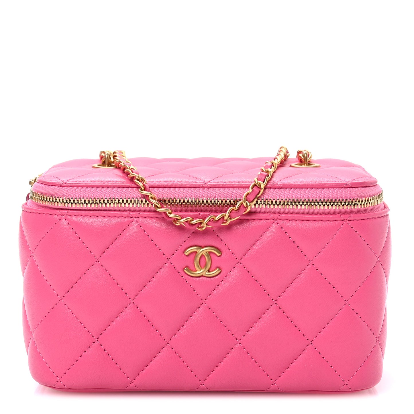 Lambskin Enamel Quilted Small Coco Hearts Vanity Case With Chain Pink