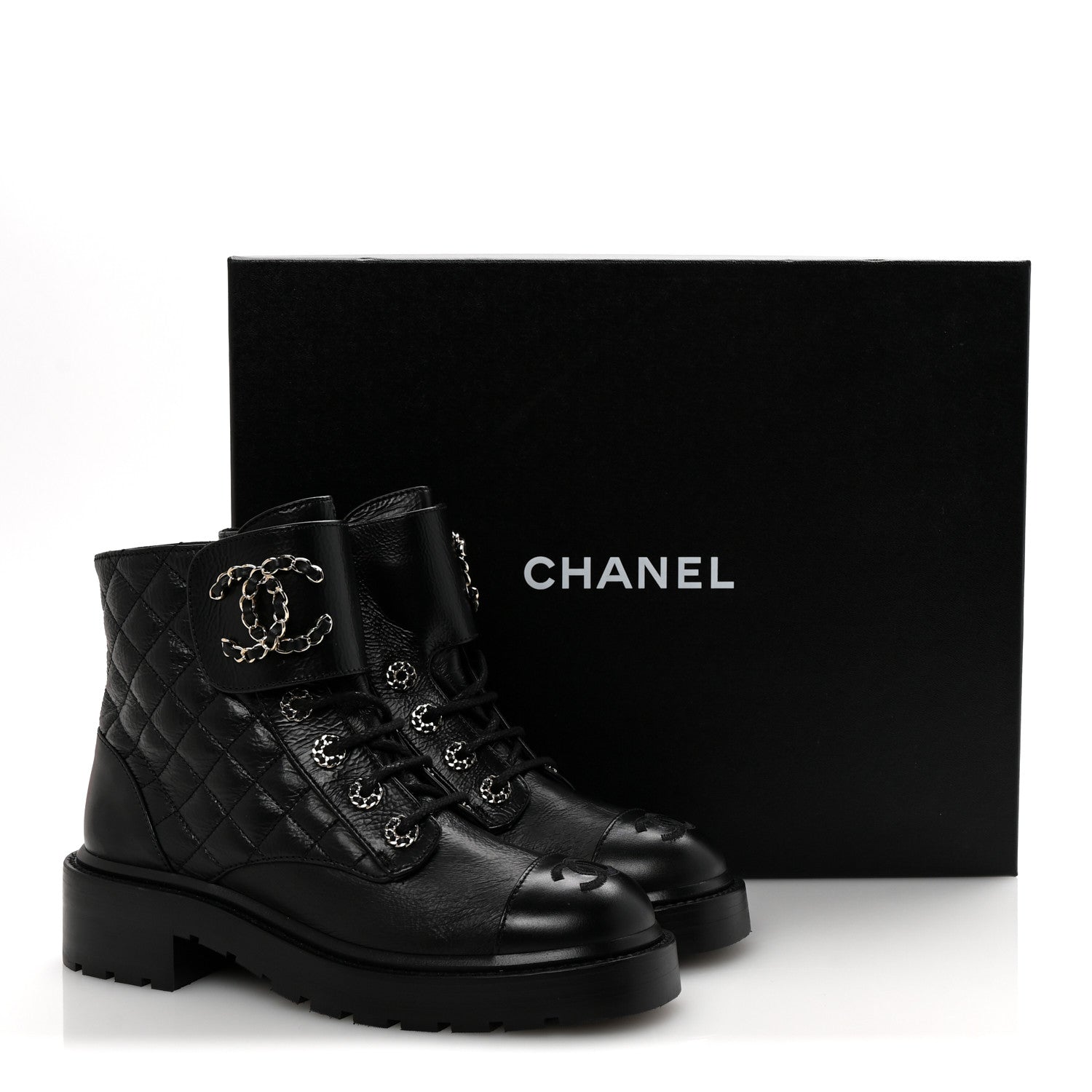 Chanel Shiny Goatskin Calfskin Quilted Lace Up Combat Boots 37 Black 10 of 10