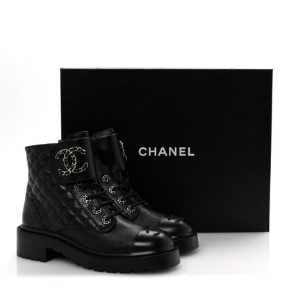 Chanel Shiny Goatskin Calfskin Quilted Lace Up Combat Boots 37 Black 10 of 10