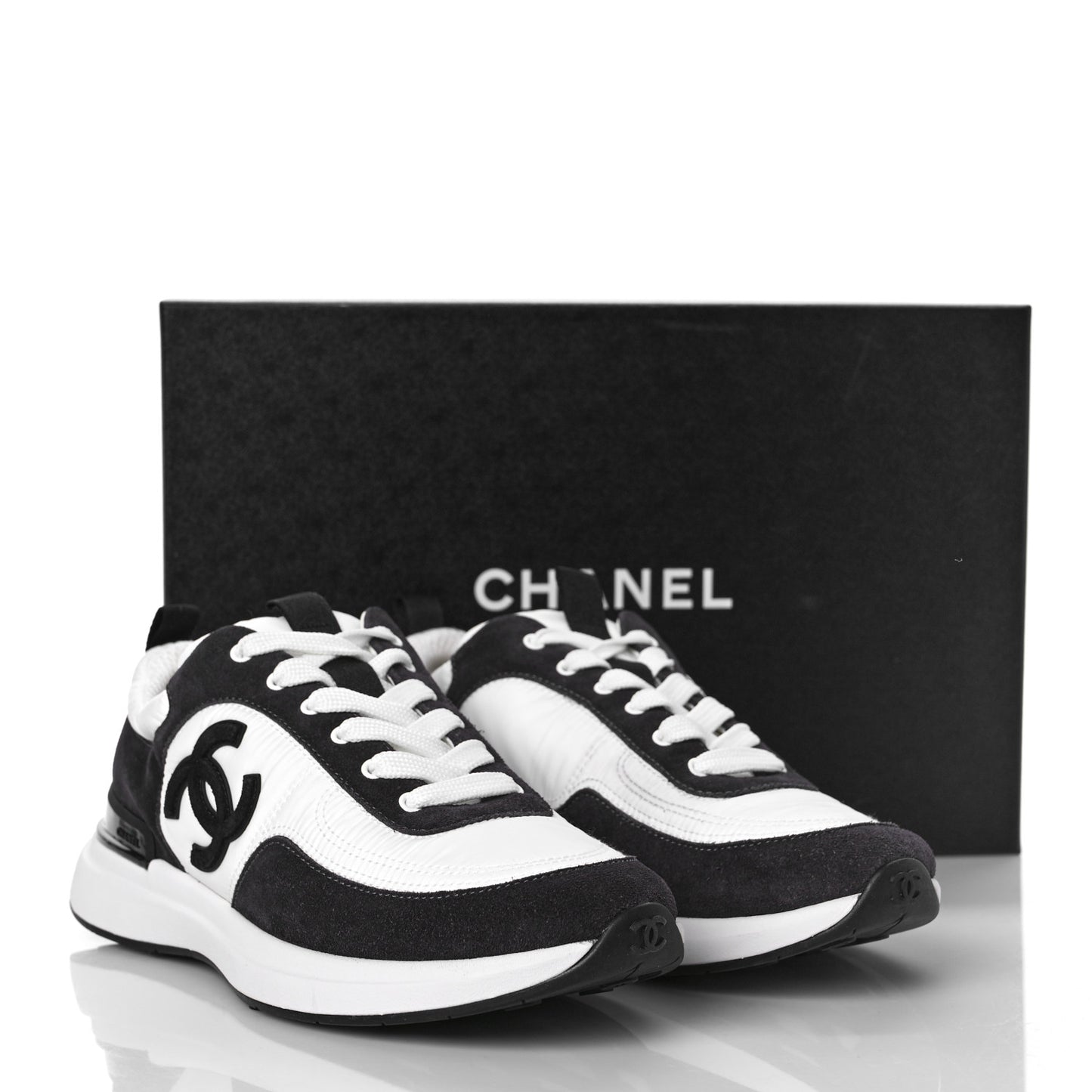 Nylon Suede Calfskin CC Sneakers 38.5 White Dark Grey