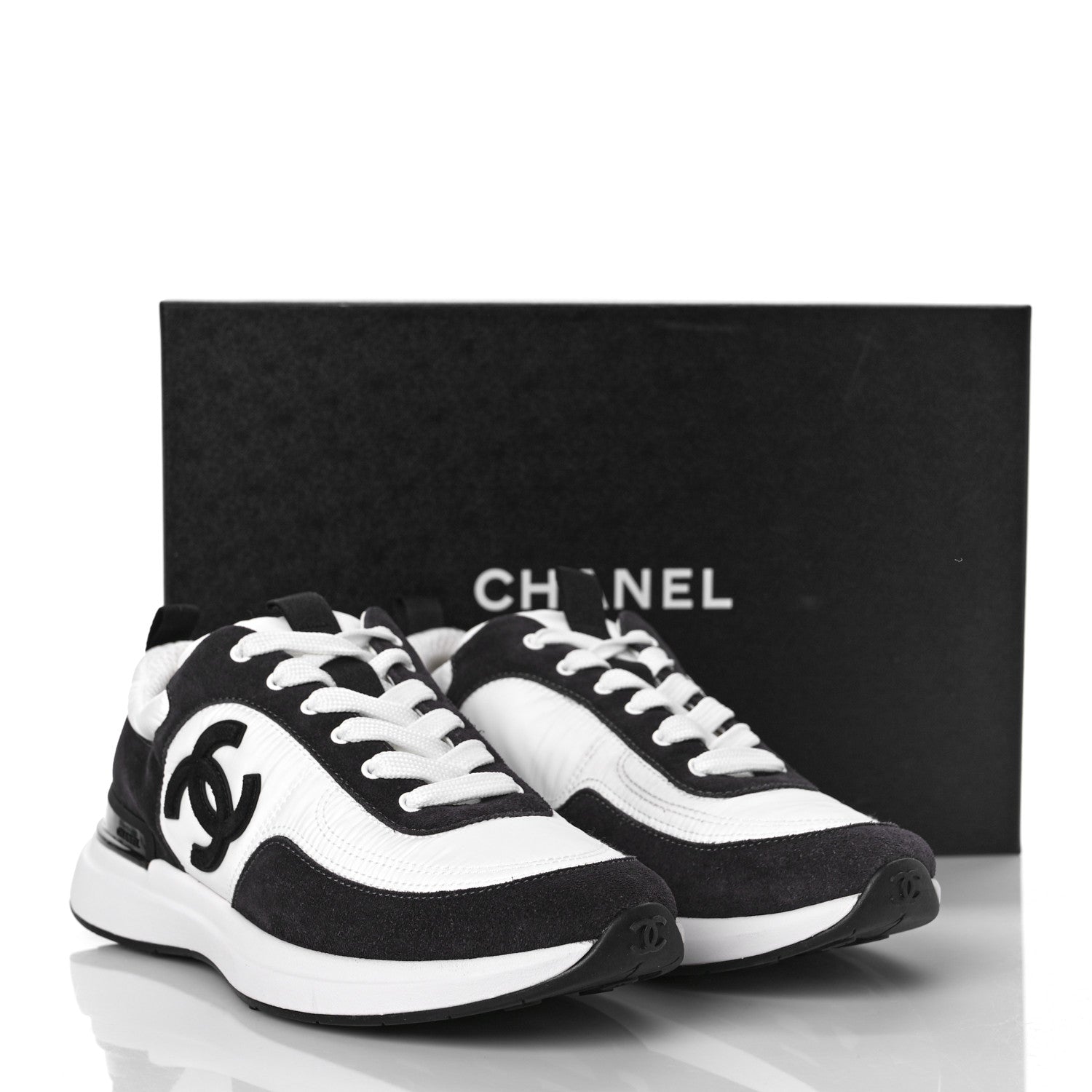 Chanel Nylon Suede Calfskin CC Sneakers 38.5 White Dark Grey 9 of 9