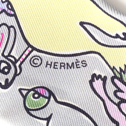 Hermes Silk Mille Et Un Lapins Twilly Gris Perle Rose Jaune 4 of 5