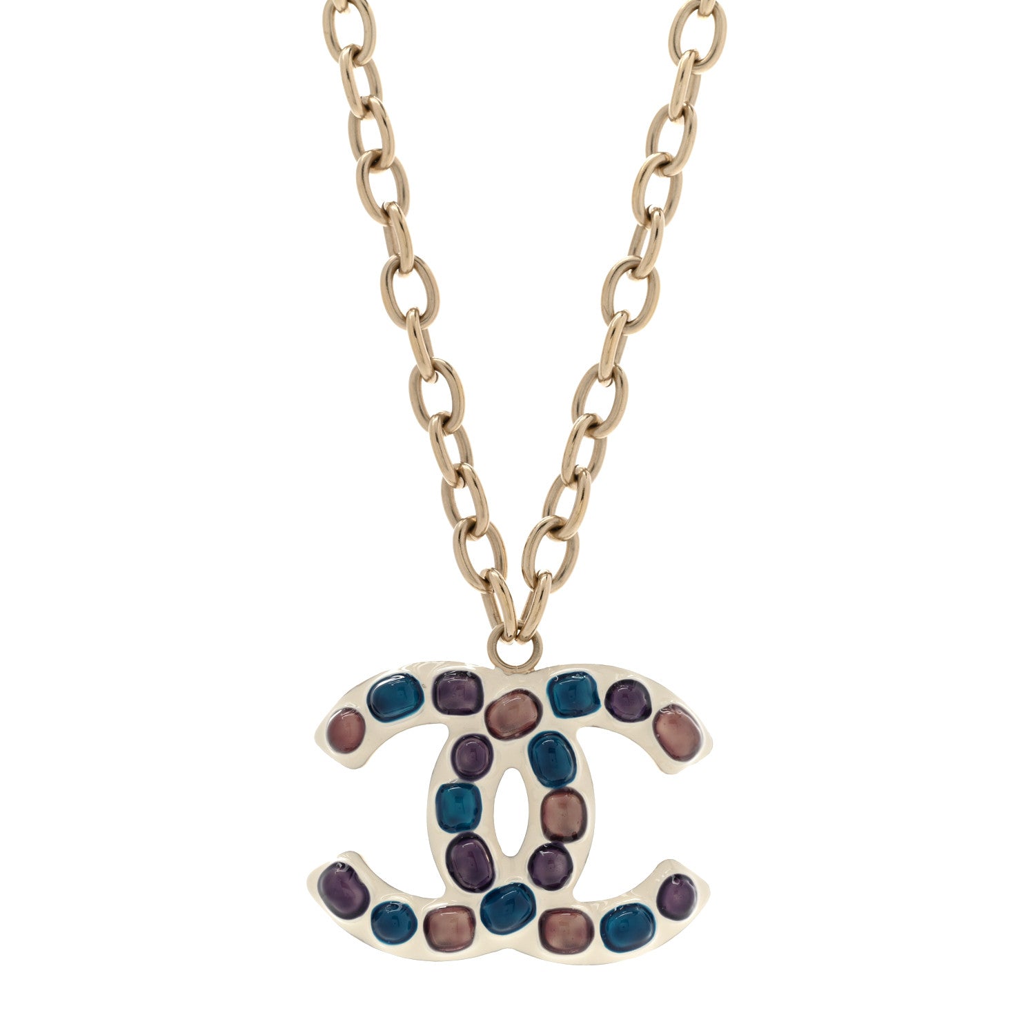 Chanel Poured Glass Large CC Pendant Necklace Gold Multicolor 1 of 6