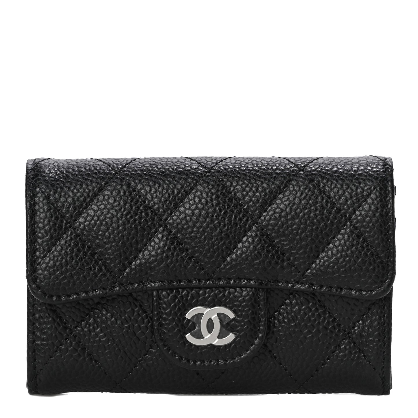 Caviar Quilted Flap Card Holder Wallet Black