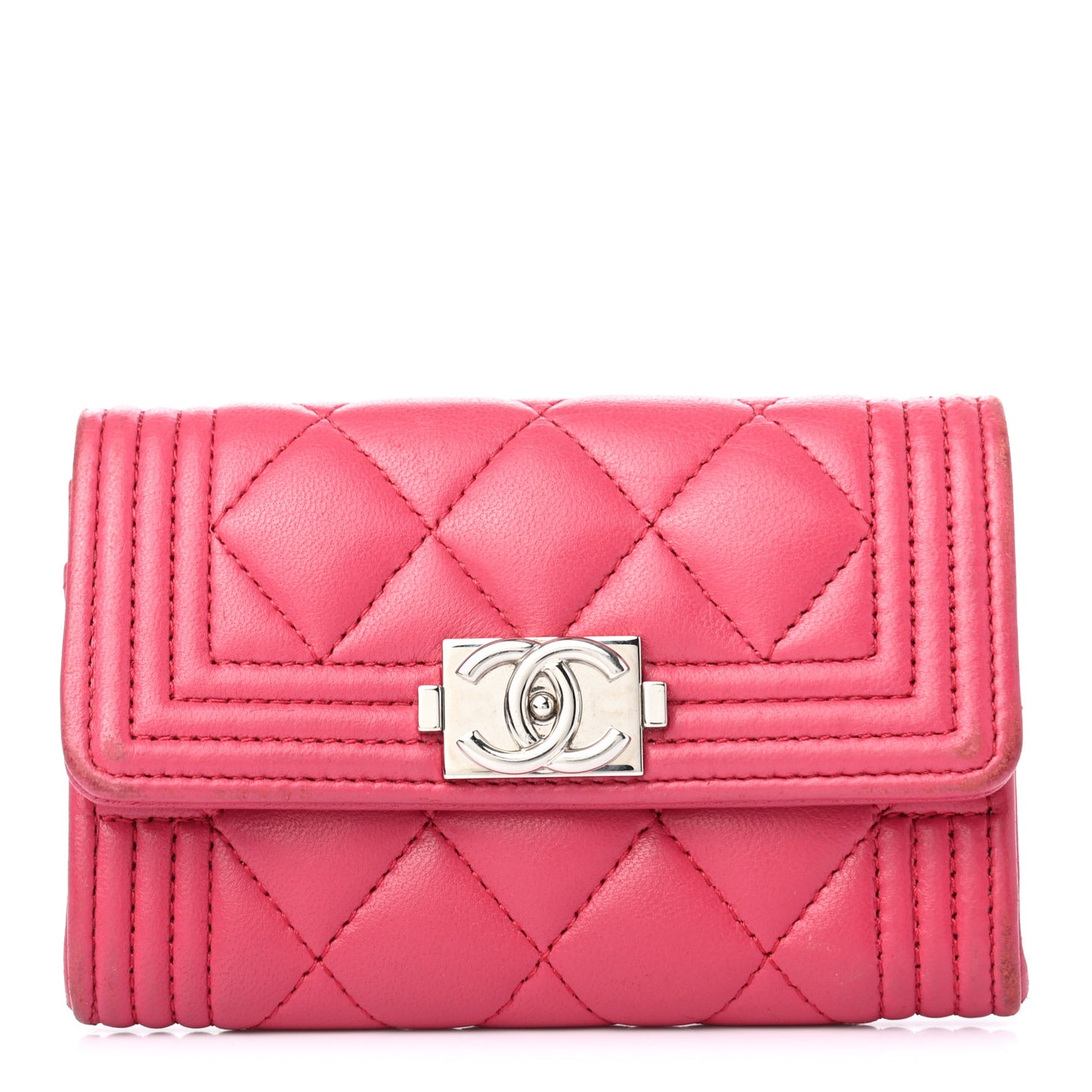 Lambskin Quilted Boy Flap Card Holder Fuchsia