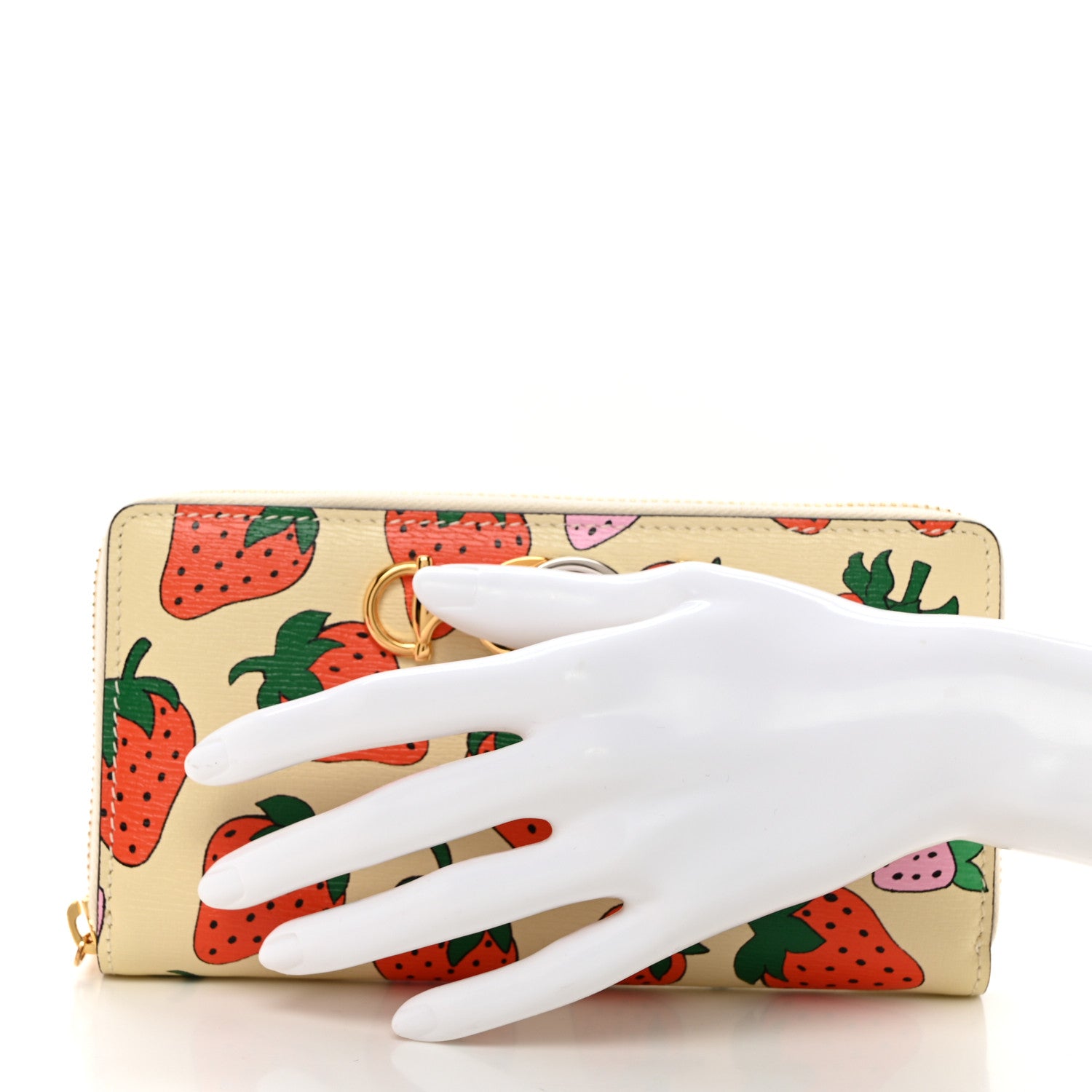 Gucci Grainy Calfskin Strawberry Zumi Zip Around Wallet Ivory Red 2 of 8