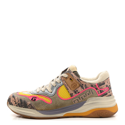 Gucci Suede Calfskin Tejus Printed Womens Ultrapace Sneakers 35 Pink Silver Oatmeal Yolk 1 of 8