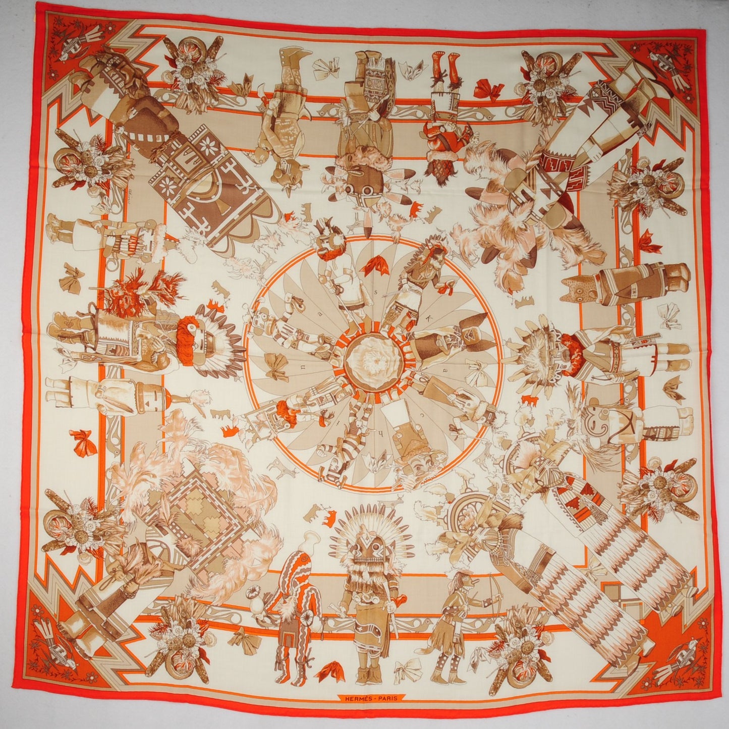 Cashmere Silk Kachinas Shawl 140 Orange Blanc Beige